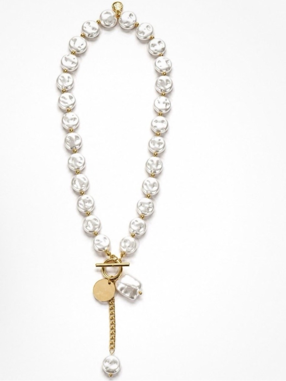 MAYAMAR White Pearl Beaded Necklace Yellow Gold Tone Toggle Round Charm Pendant